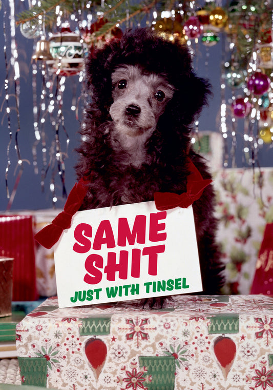 Dean Morris Same Shit Just With Tinsel Sad Puppy Dog Funny Holiday Greeting Card 5x7 DMX270 | 259904