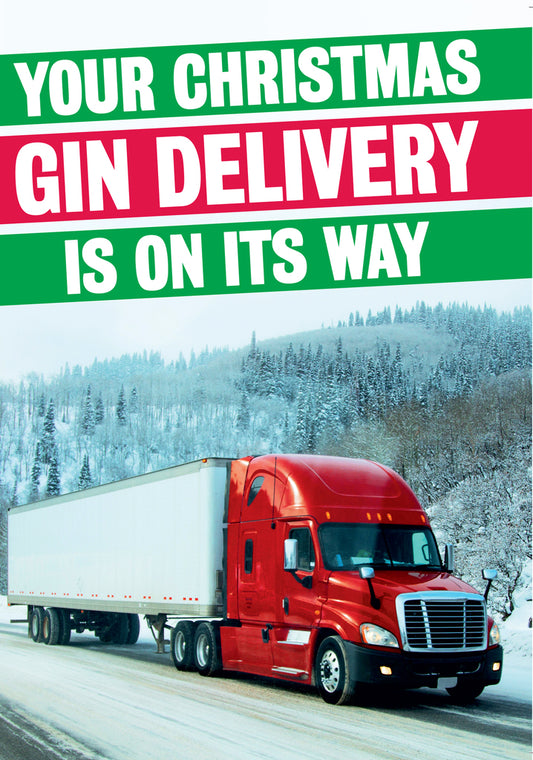 Dean Morris Christmas Gin Delivery On It's Way Red White Transport Truck Snowy Road Funny Greeting Card 5x7 DMX284 | 259913