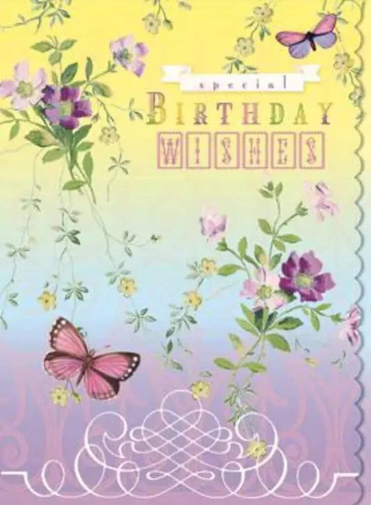 Butterflies and purple Charlotte flowers on a purple/yellow background. embossed die cut general birthday greeting card from Carol Wilson Fine Arts. Inside: May your birthday be special in every way! Retail: $4.25 | CG4043 | 260159