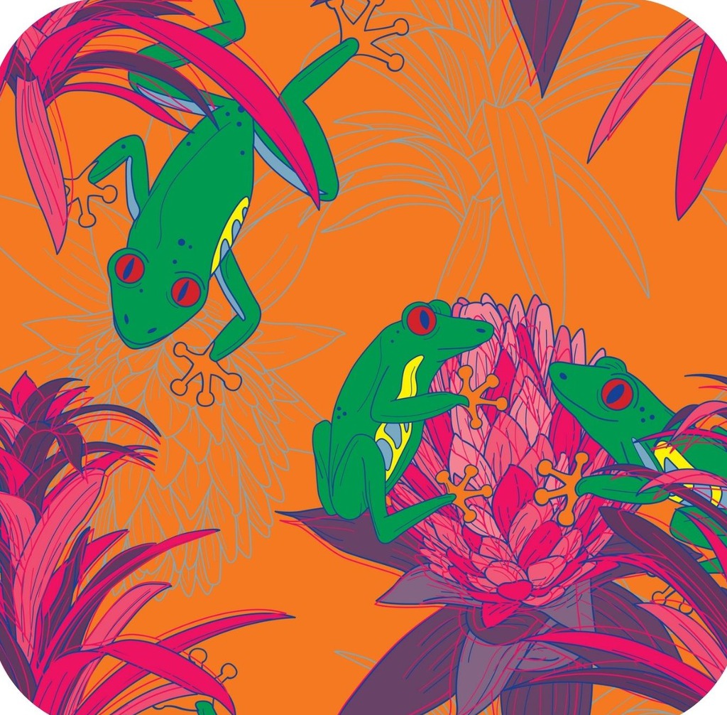 70s Retro Style Bright Tree Frog Floral Trippy Bromeliad Orange Premium Drink Coaster Resin With Cork Backing 262008 74993 262008