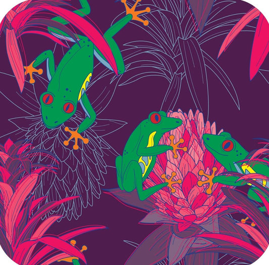 70s Retro Style Bright Tree Frog Floral Trippy Bromeliad Purple Premium Drink Coaster Resin With Cork Backing 262010 74995 262010