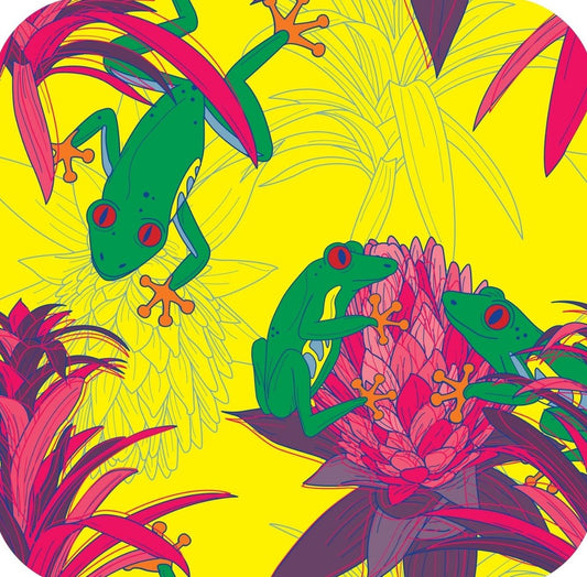 70s Retro Style Bright Tree Frog Floral Trippy Bromeliad Yellow  Premium Drink Coaster Resin With Cork Backing 262015 75000 262015