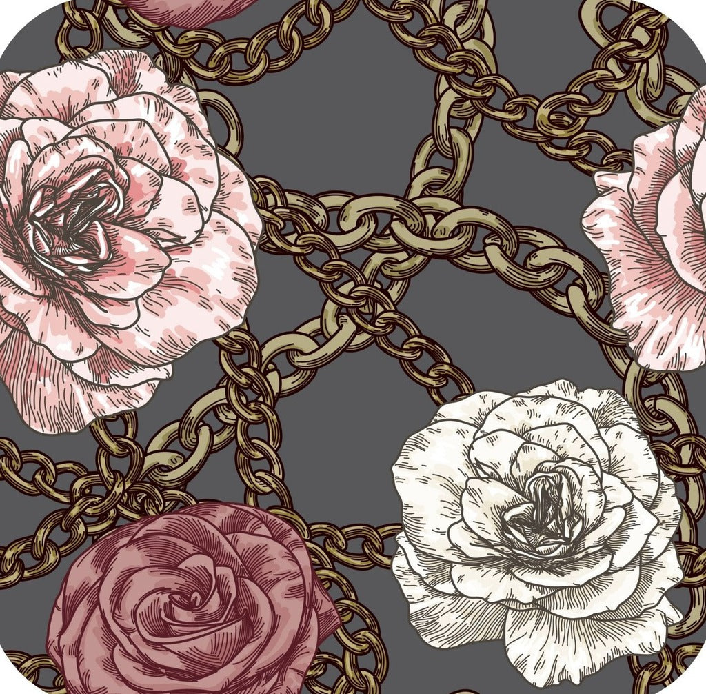 80s Retro Baroque Gold Chain With Roses Grey Premium Drink Coaster Resin With Cork Backing 262025 75010 262025