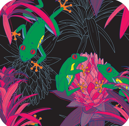 70s Retro Style Bright Tree Frog Floral Trippy Bromeliad Black  Premium Drink Coaster Resin With Cork Backing 262060 75045 262060